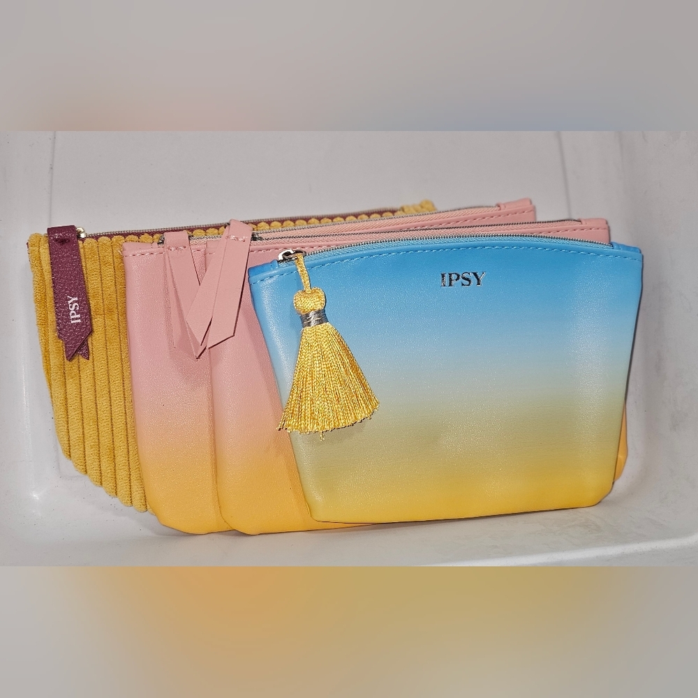4 NEW IPSY BAGS, PURSE, WALLET, CLUTCH, BEACHY, (CARRY PHONE) MAKEUP GIFT.